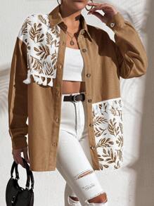 EURMUSE 100%Cotton Plant Print Fringed Drop Shoulder Sleeve Shirt - Mocha Brown - View 3