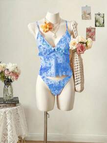 Swim Mod 2件套花卉印花细肩带荷叶边蝴蝶结装饰三角形比基尼上衣和内裤套装 - 藍色 - 查看 8