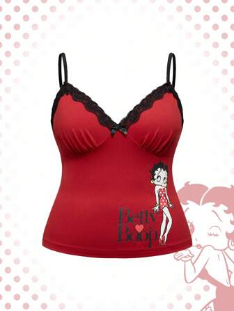 Betty Boop | ROMWE Camiseta de tirantes con figura de dibujos animados y encaje de contraste para tallas grandes