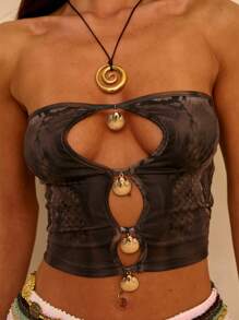 Aloruh 女式波西米亚风 Y2K 性感蛇皮印花镂空贝壳纽扣装饰短款紧身抹胸 Rave 音乐节 - 彩色 - 查看 3