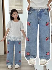 Tween GirlsLight Washed Denim Jeans With Sweet Embroidered Butterfly & Cherry Blossom Patterns, Comfortable Casual Outdoor Elastic Waist Wide-Leg Pants - Light Wash - View 3