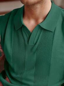 Manfinity Homme Men's Summer Casual Striped Patchwork Knit Top Men Green Knitted Polo Men Summer Polo Shirt - Dark Green - View 3