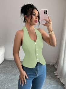 Elenzga 纽扣式休闲纯色吊带系带女式上衣 - 薄荷綠 - 查看 1
