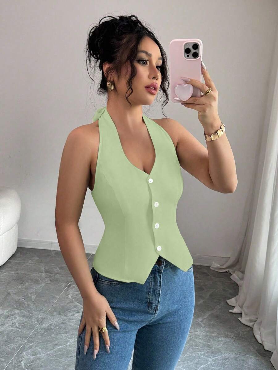 Elenzga 纽扣式休闲纯色吊带系带女式上衣 - 薄荷綠 - 查看 1