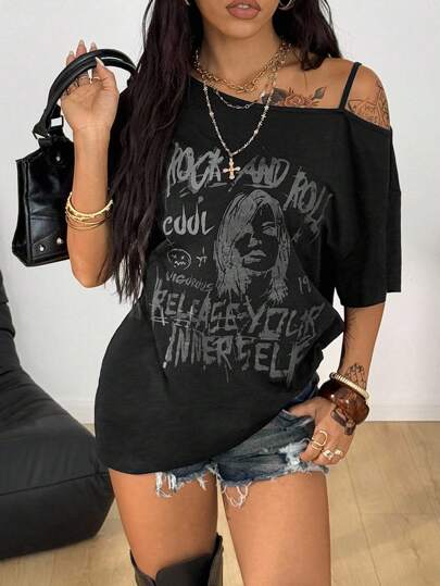 Coolane Women's Summer Daily Wear Y2K Hip-Hop Vintage Streetwear Knit Number Pattern Star Pattern Stretchy Comfortable Asymmetrical Neck Navy Over Size Shortsleeve Pullover T-Shirt For Music Festival,Off The Shoulder Top