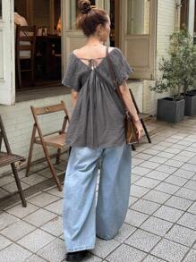 FRIFUL Áo sơ mi nữ dài vừa, xếp ly, dây rút, thường ngày, đa năng, mặc đi biển, ngày lễ - Xám - Xem 2