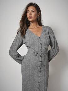 COSMINA Women's Twist Cable Pattern Long Sleeve Single-Breasted Fitted Elegant Knit Dress In Fall/Winter - Apricot - View 4