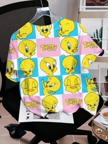 LOONEY TUNES X SHEIN 女式休闲街头风卡通字母图案宽松落肩T恤，夏季 - 黃色 - 查看 9