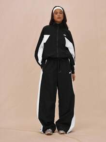 MUSERA Chaqueta deportiva de nailon con cuello oversize, paneles de contraste y cremallera completa. Solo para The Book Shop, estilo oversized, deportivo para aeropuerto, festival, invierno y primavera - Negro - Ver 4