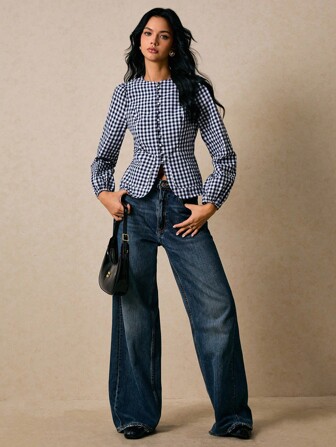 Poéselle 休闲时尚百搭格子腰部收紧长袖修身女式衬衫