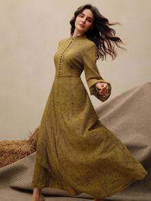 Anewsta Đầm Maxi Ren Tay Dài Màu Đỏ Tía Cho Nữ Trang Phục Nữ - màu xanh lá - Xem 6