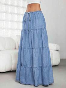 Jeanoix High Waist Denim Skirt, New Summer Ruched Waist Drawstring Casual Maxi Skirt - Light Wash - View 1