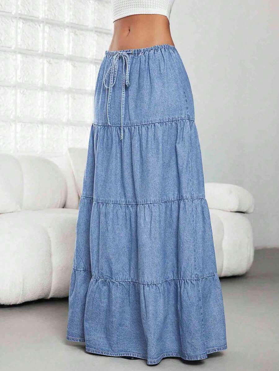 Jeanoix High Waist Denim Skirt, New Summer Ruched Waist Drawstring Casual Maxi Skirt - Light Wash - View 1