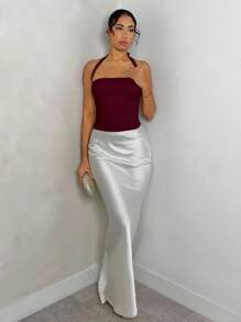 Glamine 红棕色露背褶皱无袖背心，外出背心，女士派对上衣，节日狂欢背心