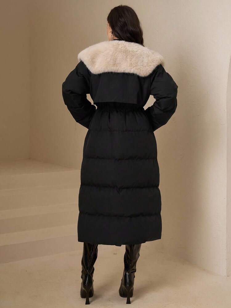 Mid-Length Patchwork Lapel Loose Fit Women Padded Coat