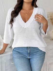 EMERY ROSE 大码镂空V领休闲度假针织套头衫秋冬款 - 白色 - 查看 5