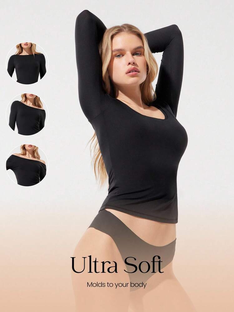 Flow & Glow Soft Stretchy Lightweight Slim Fit Double Layer Reversible Scoop Neck Long Sleeve Top Base Layer Daily Casual Wear