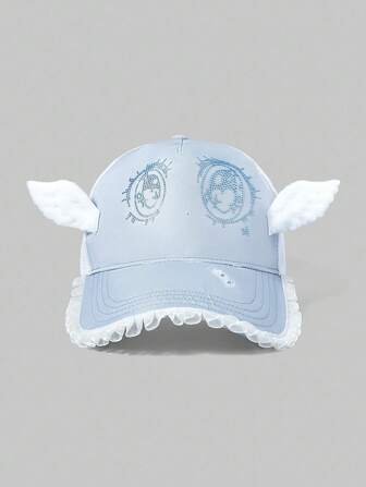 Anime 1pc Kawaii Y2K Sweet Cute Wings Big Eyes Rhinestone Lace Patchwork Blue & White Baseball Cap, Suitable For Anime, Traveling And Outings