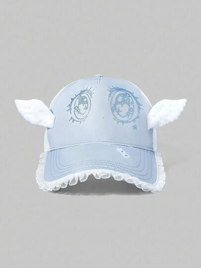1pc Kawaii Y2K Sweet Cute Wings Big Eyes Rhinestone Lace Patchwork Blue & White Baseball Cap, Suitable For Anime, Traveling And Outings