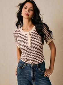 Poéselle 女士休闲条纹短袖针织上衣，夏季 - 咖啡棕 - 查看 5