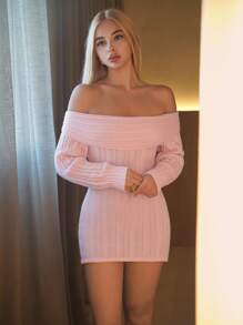 Sweetina 女士粉色露肩露背长袖紧身性感迷你连衣裙粉色连衣裙短款粉色连衣裙紧身粉色连衣裙粉色毛衣裙秋冬露肩粉色连衣裙 - 粉色 - 查看 5