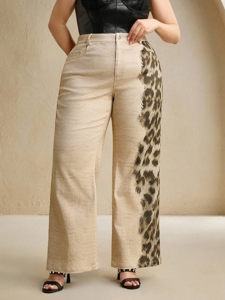 Pantalon droit casual à imprimé léopard asymétrique, pantalon long unique pour femmes, convient pour le festival Old Money, les vacances, les jours fériés, élégant