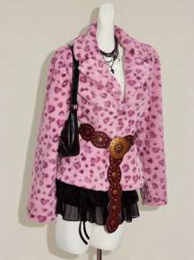 SHEIN ICON 女士新款秋冬豹纹翻领开衫兔毛外套，复古风 - 粉色 - 查看 3
