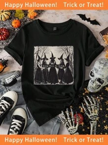 SHEIN EZwear 休闲简约万圣节女巫图案宽松圆领短袖 T 恤，适合万圣节派对 - 黑色 - 查看 1