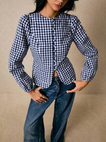 Poéselle 休闲时尚百搭格子腰部收紧长袖修身女式衬衫 - 黑與白 - 查看 4