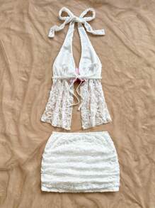 SHEIN x Eduarda Gutierrez Soleia 女士优雅白色花卉纹理针织露背系带褶饰迷你裙套装，适合节日、下午茶、婚礼、派对、海滩、春夏假期、游轮、音乐节、波西米亚风度假 - 白色 - 查看 2