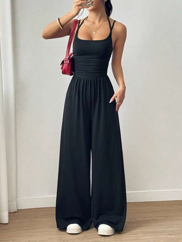 SHEIN Tall Women's Casual Pleated Loose Straight Leg Jumpsuit, Spring/Summer
