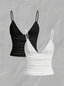 SHEIN EZwear 2pcs/Set Women Casual Ruched Skinny Tank Top Set, Suitable For Summer - Multicolor - View 2