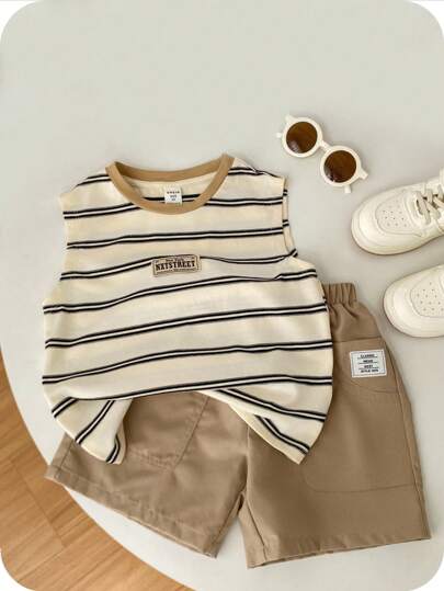 SHEIN 2pcs/Set Baby Boy Unisex Summer Casual Knit Striped Letter Print Tank Top And Khaki Shorts Set Sets Outfit Outfits For Boys Beige Clothes