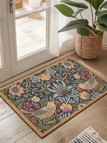 SHEIN Symmetrical Floral And Bird Design Welcome Doormat, Non-Slip Rubber Backed Polyester Floor Mat, Lightweight, Machine Washable, Braided, Decorative Rug With For Home, Bedroom, Kitchen, Hallway, Entryway