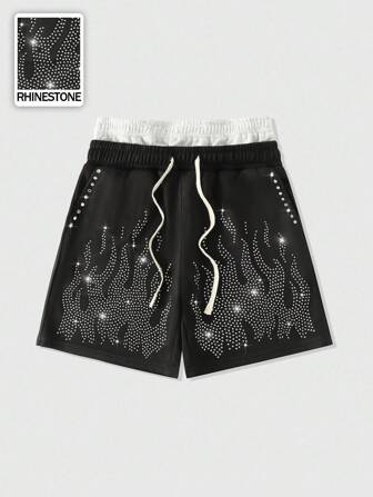 Street Life Pantalones cortos con doble cintura y diseño de llamas y diamantes para hombres