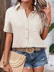 EMERY ROSE 女士紋理紐扣前短袖襯衫，夏季休閒裝 - 杏色 - 查看 6