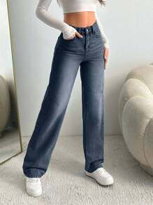 EURMUSE Jeans droits à taille haute lavés pour femmes - Jean brut - Voir 3