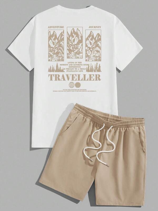 Manfinity ZONE917 Conjunto de camiseta casual de manga corta con cuello redondo y estampado de eslogan de montaña, talla grande tallas, y pantalones cortos caqui con cordón en la cintura para hombre de talla grande