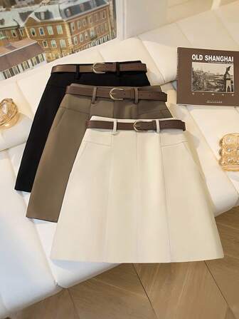 INAWLY Metal Buckle Waist A-Line Mini Skirt, Casual Chic For Commuting