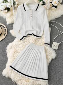 Franclia 2pcs/Set Spring New American Style Slim Fit Versatile Polo Shirt & Pleated Skirt Sweater Set For Women Fall Winter Cloth For Women - Black and White - View 3