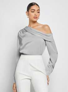 BizChic 春夏新款不对称设计褶皱肩部宽松长袖缎面衬衫，现代优雅都市通勤日常浪漫90年代复古风圣诞节新年情人节派对海滩毕业时尚嘉年华假日百搭简约浪漫风，适合婚礼宾客、主人、约会、派对、音乐会、早午餐、机场等多种场合。 - 灰色 - 查看 7