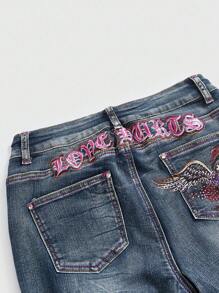 Betty Boop | ROMWE Y2K 机车风水钻翅膀卡通图案做旧喇叭低腰牛仔裤