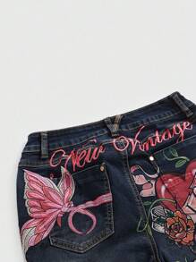 ROMWE Fairycore 复古 Y2K 性感做旧低腰喇叭牛仔裤，蝴蝶和骷髅刺绣，女款 - 藍色 - 查看 2