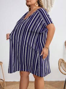 SHEIN CURVE+ Plus Size Music Festival Striped Short Sleeve Dress, Fall,Fall Dresses For Women - Blue - View 4