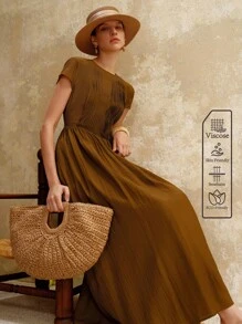 Revavyn Đầm suông nữ chất liệu cotton dệt trơn sọc cổ tròn tay ngắn cạp chun, viền loe, thanh lịch, thích hợp mặc khi hẹn hò, đi nghỉ, dã ngoại, đi làm vào mùa hè và mùa thu - Màu xanh Ô liu - Xem 5