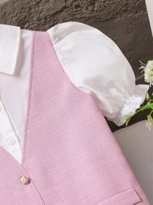 Tween Girl Puff Sleeve Pleated 2 In 1 Dress, Suitable For Casual Wear Back To School - Pink - View 4