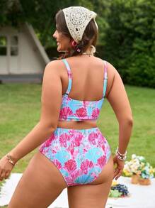Swim Mod Conjunto de traje de baño de verano para mujer talla grande con top tipo bralette con estampado de concha colorido y con tirantes extraíbles, combinado con la Bottom triangular regular a juego