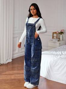 SHEIN ICON Casual Fashion Versatile Pocket Wide Strap Women Denim Overalls - Dark Wash - View 6