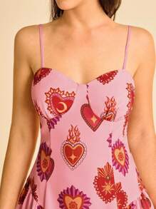 Women's Boho Vacation Tropical Heart Print Cami Mini Dress, Pink - Multicolor - View 4