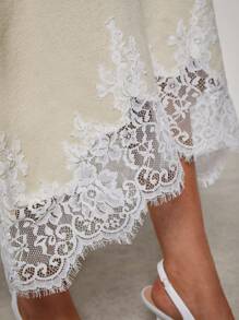 COSMINA 女式优雅喇叭袖不对称下摆蕾丝拼布毛衣裙，秋冬 - 卡其色 - 查看 7